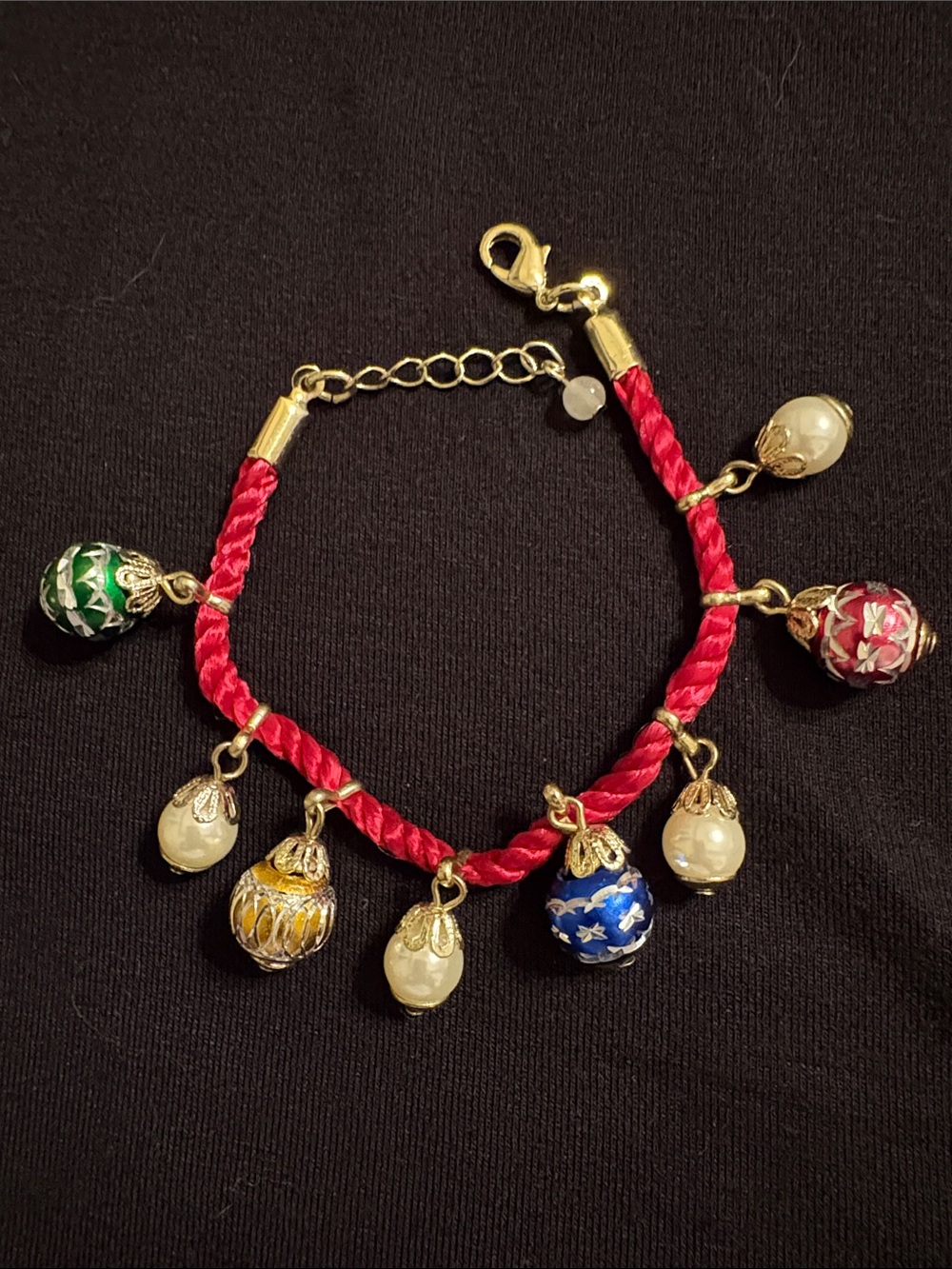Christmas Red Braided Charm Bracelet with Enamel Ornaments and Pearl Drops